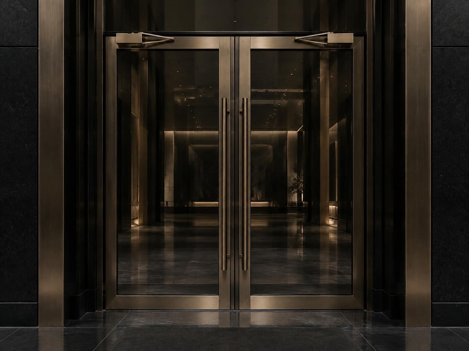 Bronze balance doors at a commercial entrance