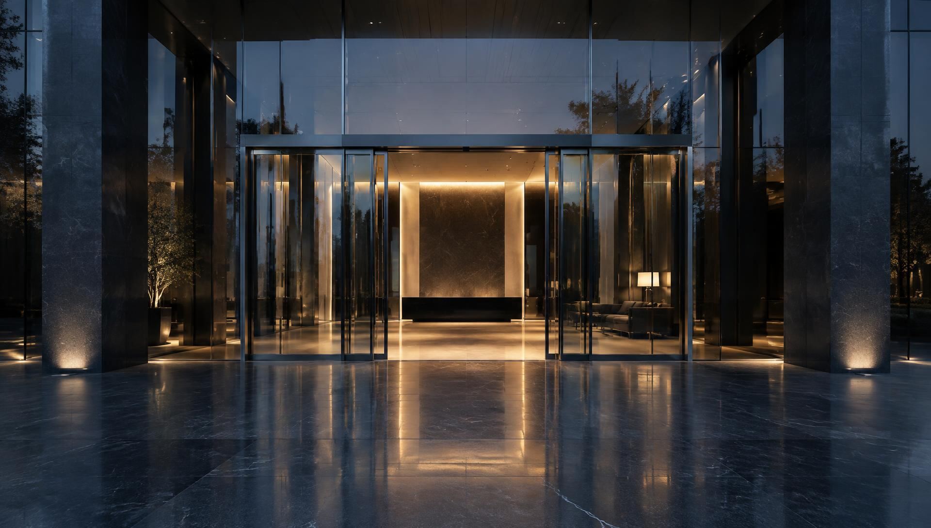 Modern commercial building entrance with glass doors, lit at dusk