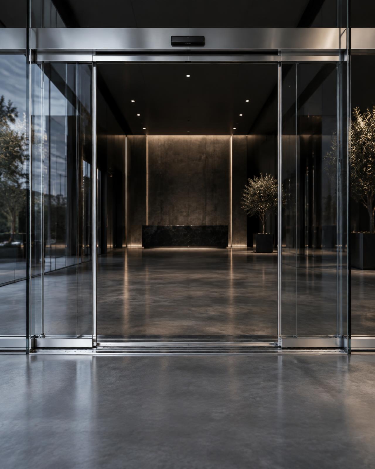Frameless glass automatic sliding doors with a stainless steel header at a commercial lobby entrance